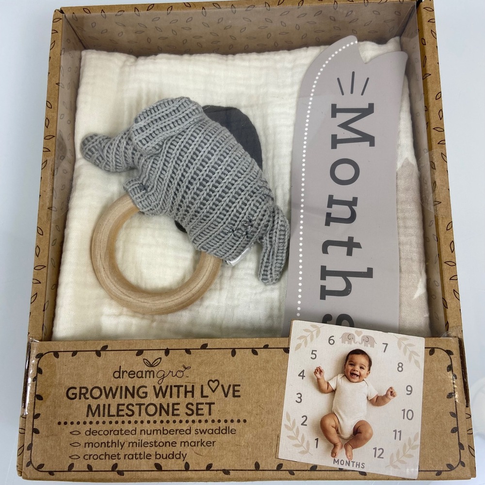 Dreamgro Baby Months Milestone Set New Elephant‎ Swaddle Rattle Marker Unisex